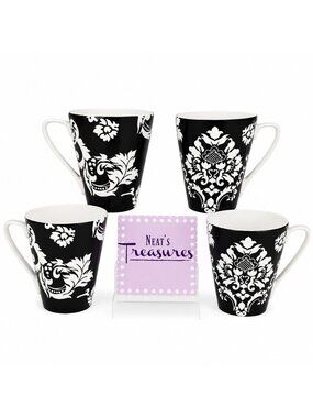 Home Target DAMASK Black White Scroll Floral Stoneware Flare Top Cups Mugs Set 4